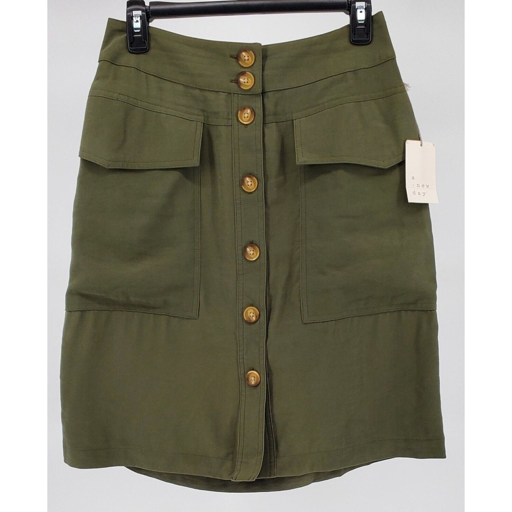 A New Day Womens Size 4 Olive Green Button Front Utility Skirt High Waist Cargo